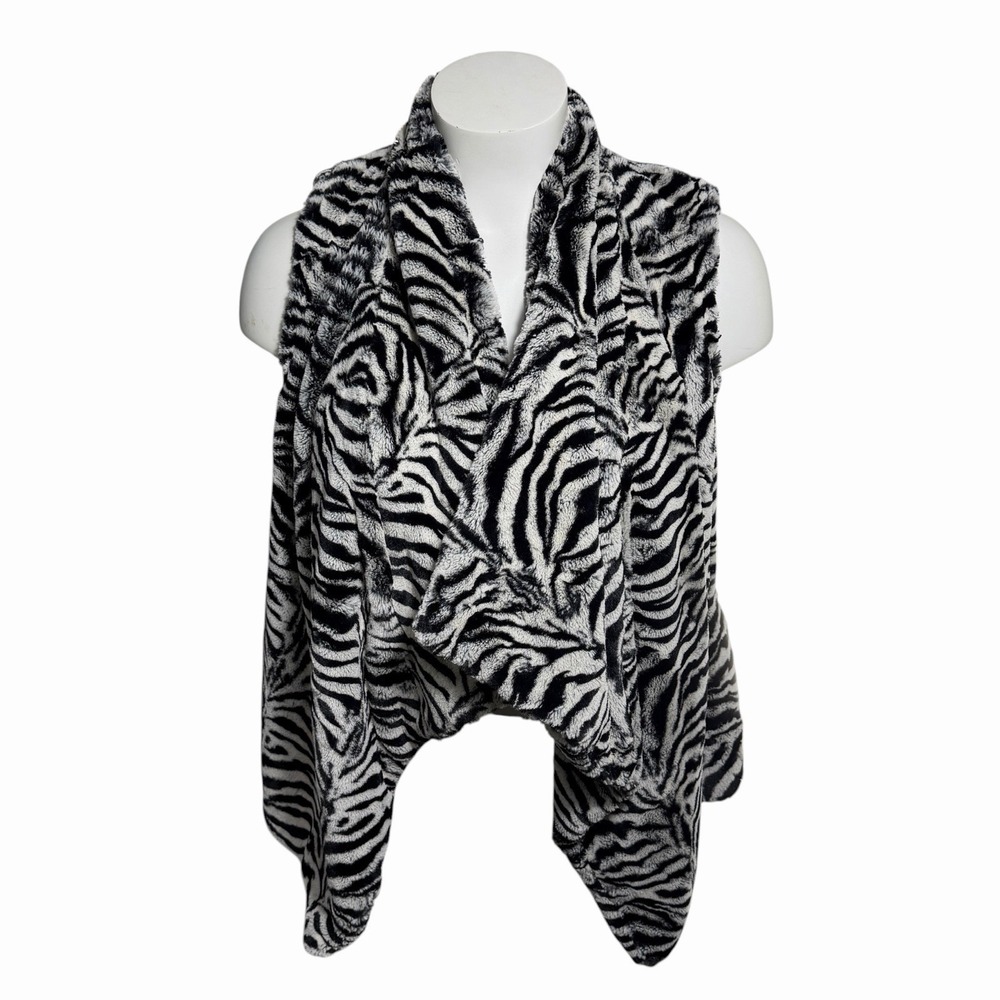 Michael Kors Zebra Print Faux Fur Vest Women's L Black White Draped Open Front
